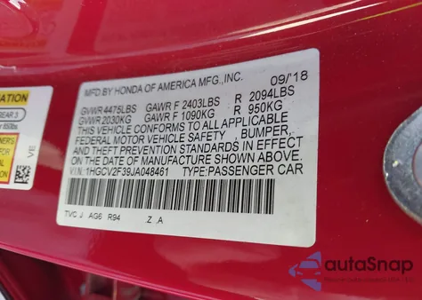 2018 Honda Accord Sport 2.0T z USA, uszkodzony, nr VIN 1HGCV2F39JA048461